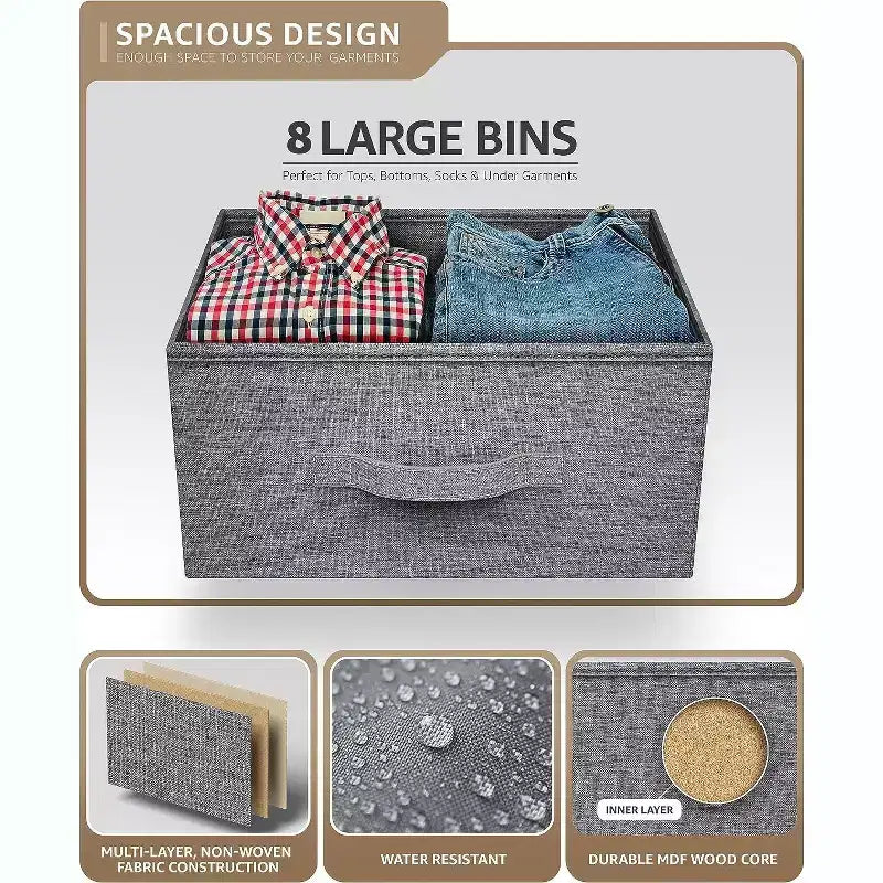 Commode Sorbus 8 tiroirs – Unité de rangement avec cadre en acier, plateau en bois, bacs en tissu – pour chambre à coucher, placard, bureau et plus encore