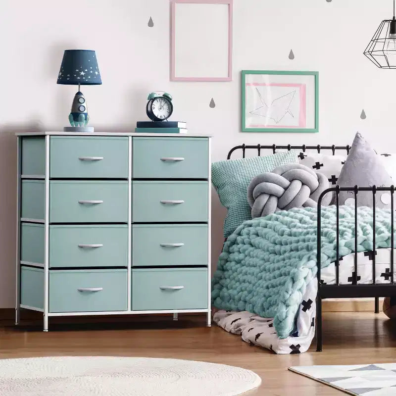 Commode Sorbus 8 tiroirs – Unité de rangement avec cadre en acier, plateau en bois, bacs en tissu – pour chambre à coucher, placard, bureau et plus encore
