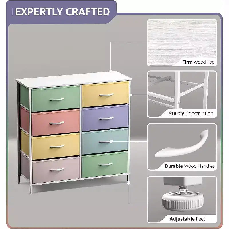 Commode Sorbus 8 tiroirs – Unité de rangement avec cadre en acier, plateau en bois, bacs en tissu – pour chambre à coucher, placard, bureau et plus encore