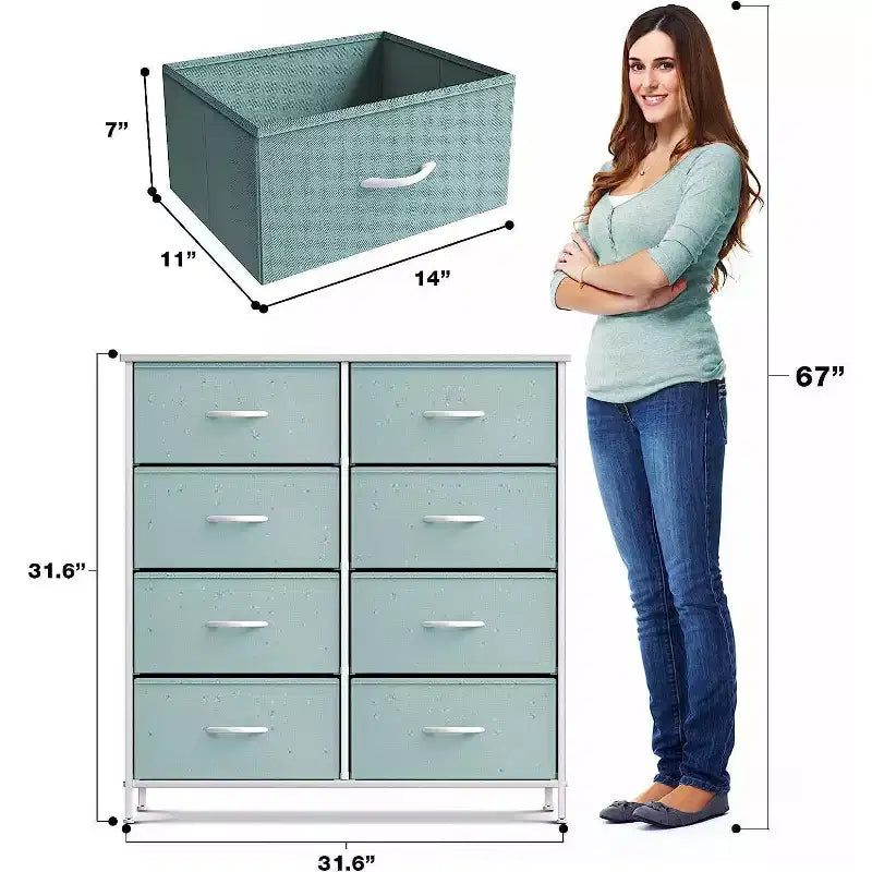 Commode Sorbus 8 tiroirs – Unité de rangement avec cadre en acier, plateau en bois, bacs en tissu – pour chambre à coucher, placard, bureau et plus encore