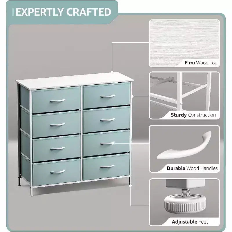 Commode Sorbus 8 tiroirs – Unité de rangement avec cadre en acier, plateau en bois, bacs en tissu – pour chambre à coucher, placard, bureau et plus encore