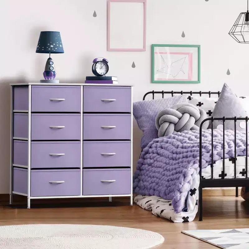 Commode Sorbus 8 tiroirs – Unité de rangement avec cadre en acier, plateau en bois, bacs en tissu – pour chambre à coucher, placard, bureau et plus encore
