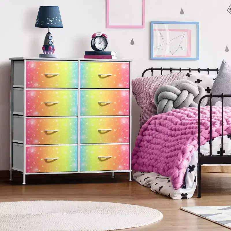 Commode Sorbus 8 tiroirs – Unité de rangement avec cadre en acier, plateau en bois, bacs en tissu – pour chambre à coucher, placard, bureau et plus encore