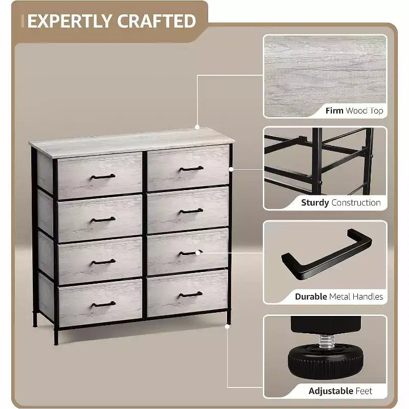 Commode Sorbus 8 tiroirs – Unité de rangement avec cadre en acier, plateau en bois, bacs en tissu – pour chambre à coucher, placard, bureau et plus encore