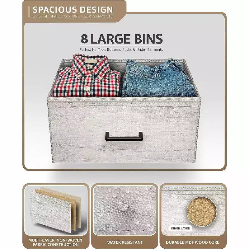 Commode Sorbus 8 tiroirs – Unité de rangement avec cadre en acier, plateau en bois, bacs en tissu – pour chambre à coucher, placard, bureau et plus encore