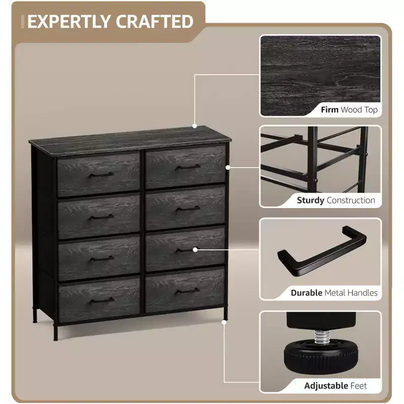 Commode Sorbus 8 tiroirs – Unité de rangement avec cadre en acier, plateau en bois, bacs en tissu – pour chambre à coucher, placard, bureau et plus encore