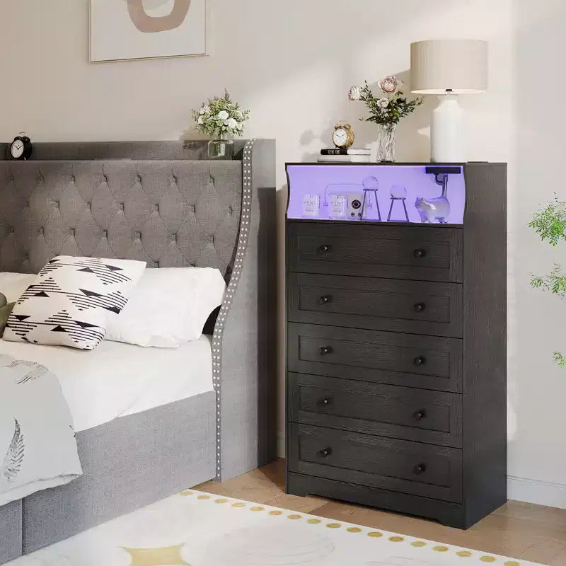 COZONY Commode haute à 5 tiroirs avec étagère d'exposition, meuble de rangement moderne en bois pour chambre à coucher, placard, salon, couloir