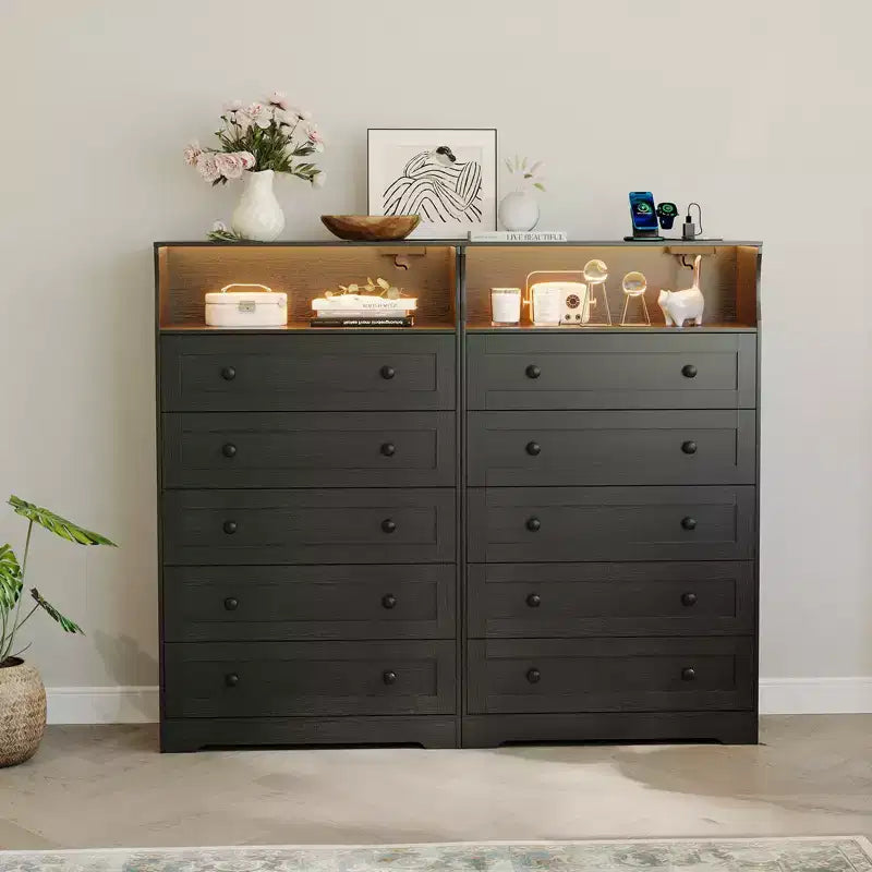 COZONY Commode haute à 5 tiroirs avec étagère d'exposition, meuble de rangement moderne en bois pour chambre à coucher, placard, salon, couloir