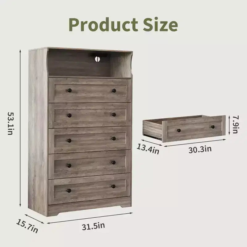 COZONY Commode haute à 5 tiroirs avec étagère d'exposition, meuble de rangement moderne en bois pour chambre à coucher, placard, salon, couloir