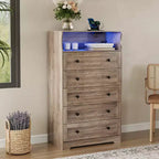 COZONY Commode haute à 5 tiroirs avec étagère d'exposition, meuble de rangement moderne en bois pour chambre à coucher, placard, salon, couloir