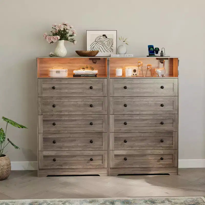 COZONY Commode haute à 5 tiroirs avec étagère d'exposition, meuble de rangement moderne en bois pour chambre à coucher, placard, salon, couloir