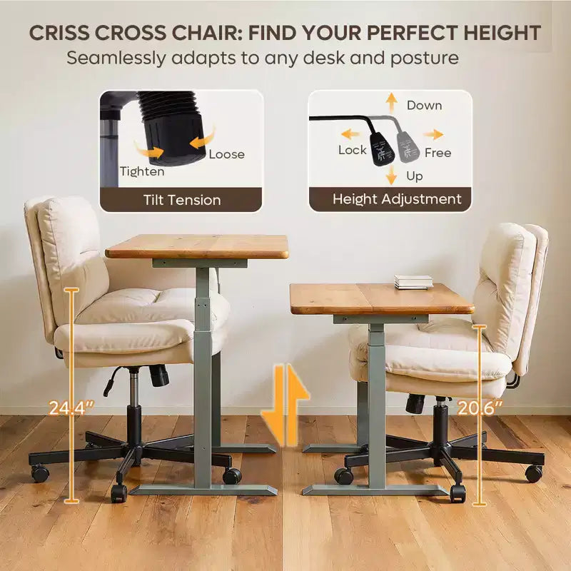 Chaise de bureau Bestier Criss Cross avec accoudoirs et roulettes, chaise de bureau ergonomique à pattes croisées, chaise de bureau pour la maison et le maquillage.