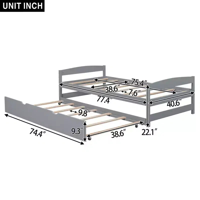 Lit plateforme double avec tête de lit, pied de lit et lit gigogne, cadre en bois de pin, pas besoin de sommier tapissier