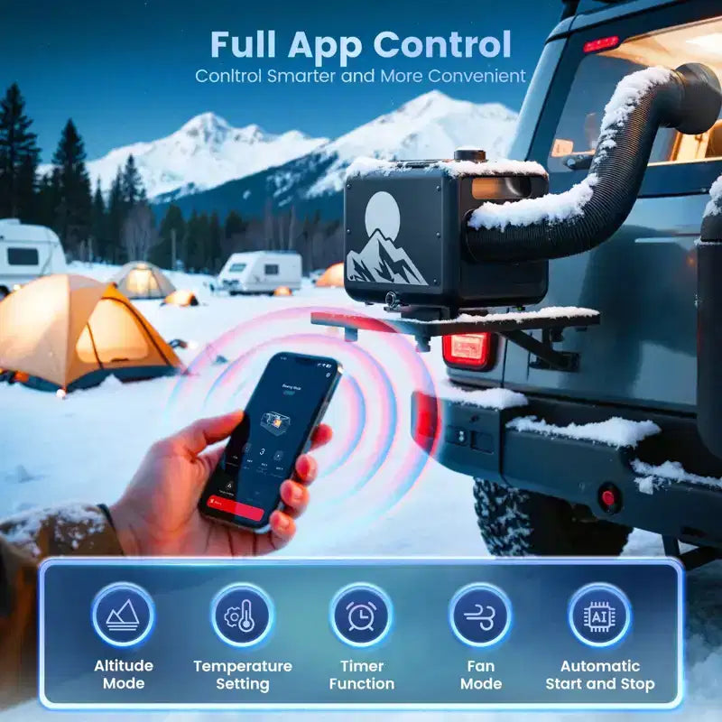 Chauffage diesel à air portable Hcalory 5KW-8KW avec réservoir de 7,5 L, contrôle par application, réglage d'altitude, alarme de CO et capteur de température sans fil pour voiture, camping-car et camion