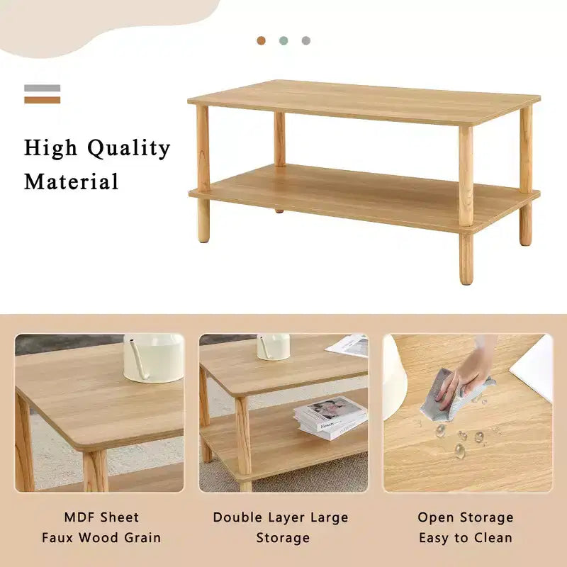 Table basse rectangulaire moderne à 2 niveaux avec étagère de rangement ouverte et pieds ronds en bois massif, table de canapé pour salon, bureau ou hall d'accueil