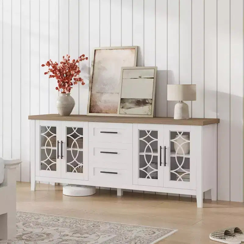 Meuble TV de ferme GustoWave pour téléviseur de 70 pouces, avec porte vitrée, 2 portes de rangement et 3 tiroirs, table console avec étagères pour chambre à coucher et salon