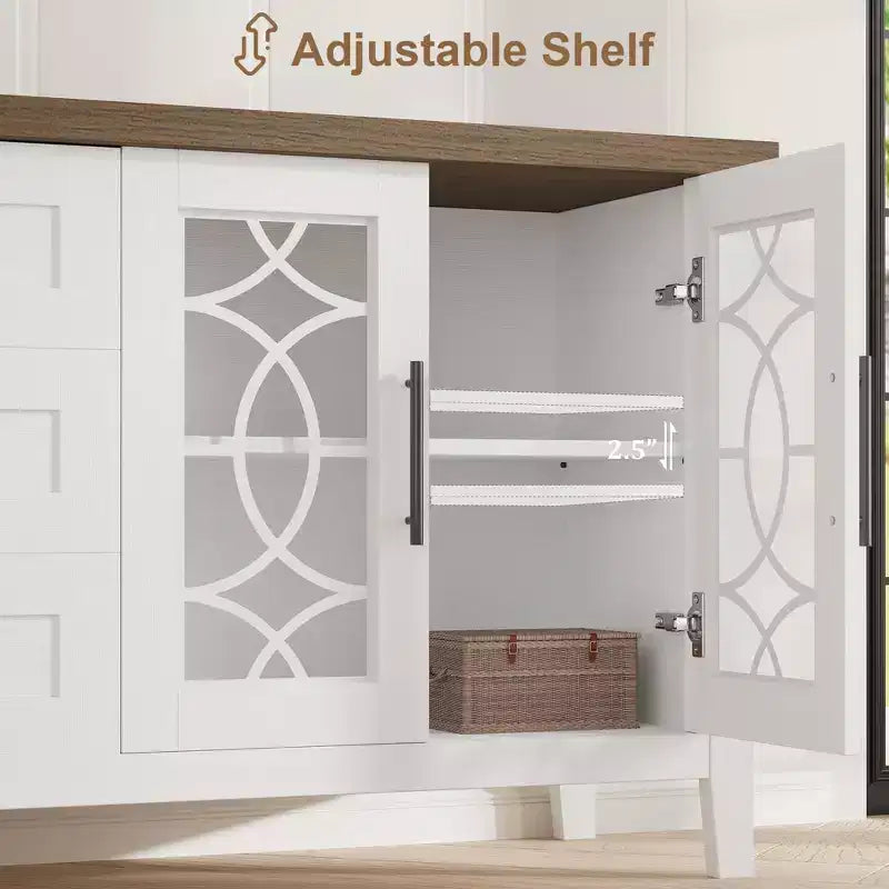 Meuble TV de ferme GustoWave pour téléviseur de 70 pouces, avec porte vitrée, 2 portes de rangement et 3 tiroirs, table console avec étagères pour chambre à coucher et salon