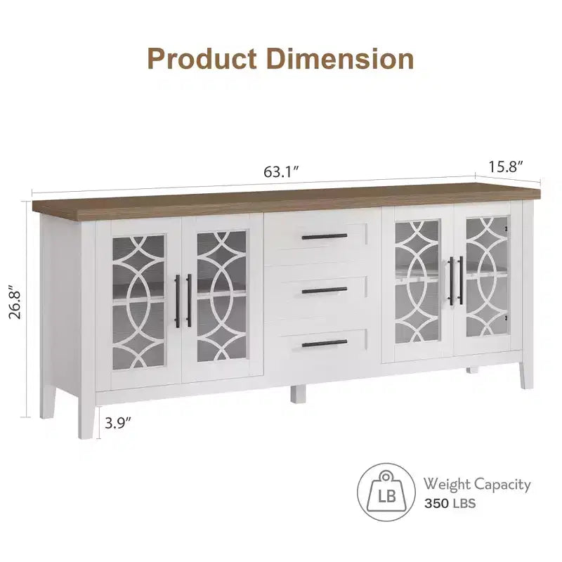 Meuble TV de ferme GustoWave pour téléviseur de 70 pouces, avec porte vitrée, 2 portes de rangement et 3 tiroirs, table console avec étagères pour chambre à coucher et salon