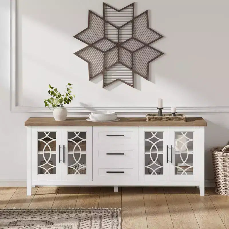 Meuble TV de ferme GustoWave pour téléviseur de 70 pouces, avec porte vitrée, 2 portes de rangement et 3 tiroirs, table console avec étagères pour chambre à coucher et salon