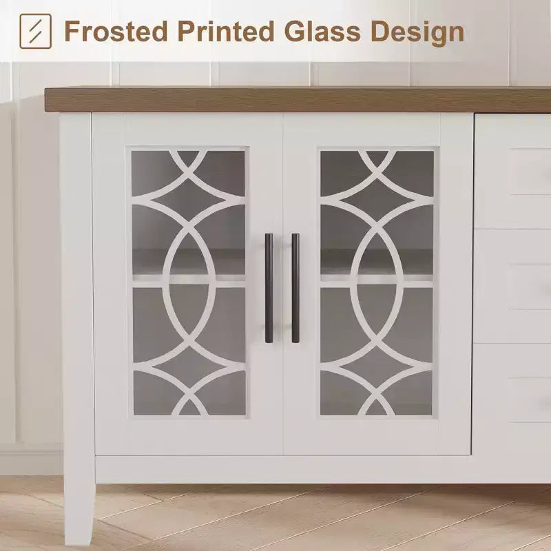 Meuble TV de ferme GustoWave pour téléviseur de 70 pouces, avec porte vitrée, 2 portes de rangement et 3 tiroirs, table console avec étagères pour chambre à coucher et salon