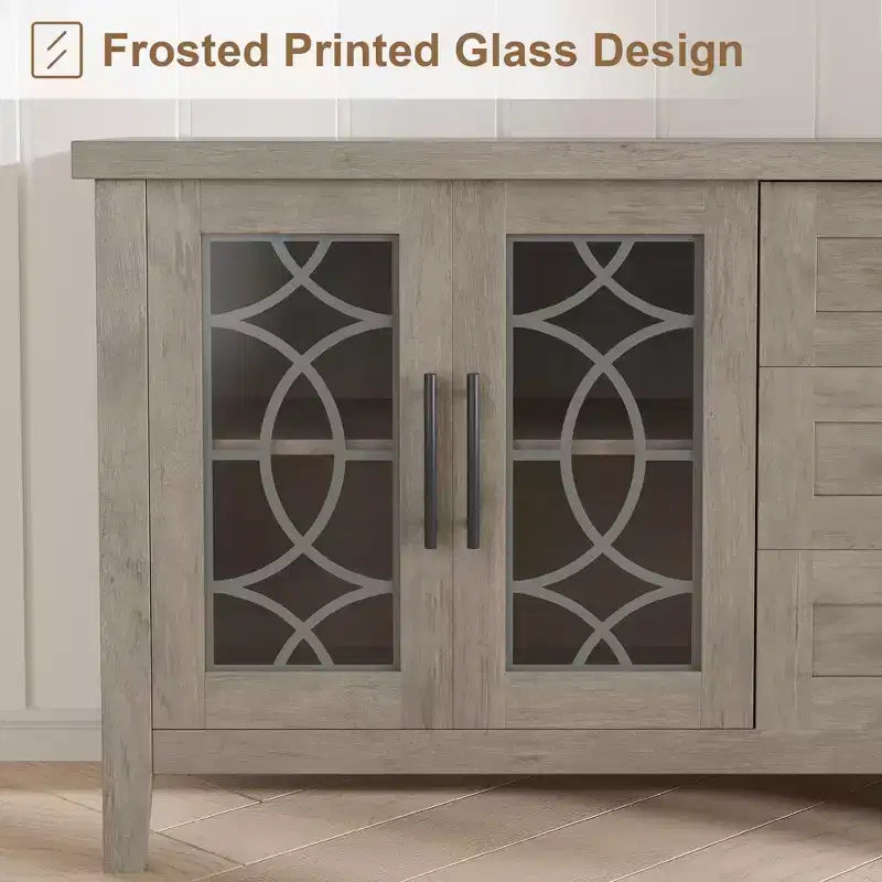 Meuble TV de ferme GustoWave pour téléviseur de 70 pouces, avec porte vitrée, 2 portes de rangement et 3 tiroirs, table console avec étagères pour chambre à coucher et salon