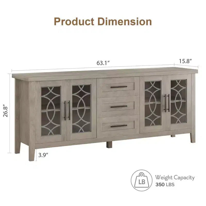 Meuble TV de ferme GustoWave pour téléviseur de 70 pouces, avec porte vitrée, 2 portes de rangement et 3 tiroirs, table console avec étagères pour chambre à coucher et salon