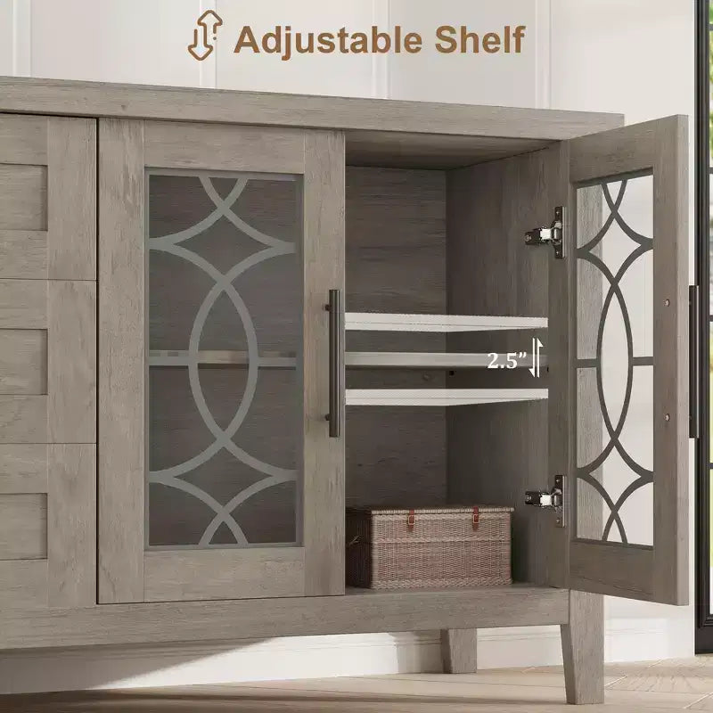 Meuble TV de ferme GustoWave pour téléviseur de 70 pouces, avec porte vitrée, 2 portes de rangement et 3 tiroirs, table console avec étagères pour chambre à coucher et salon