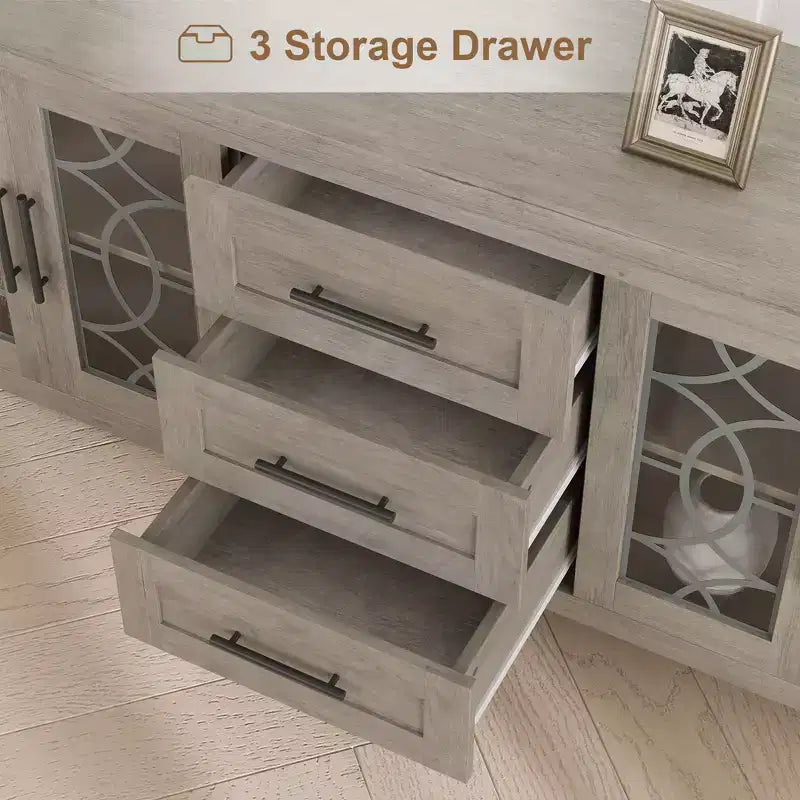 Meuble TV de ferme GustoWave pour téléviseur de 70 pouces, avec porte vitrée, 2 portes de rangement et 3 tiroirs, table console avec étagères pour chambre à coucher et salon