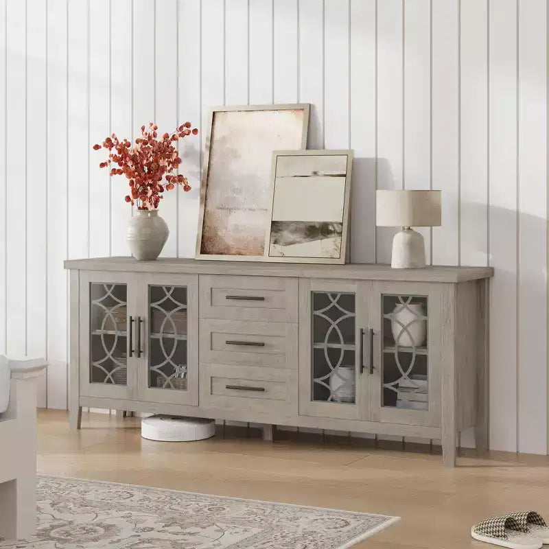 Meuble TV de ferme GustoWave pour téléviseur de 70 pouces, avec porte vitrée, 2 portes de rangement et 3 tiroirs, table console avec étagères pour chambre à coucher et salon