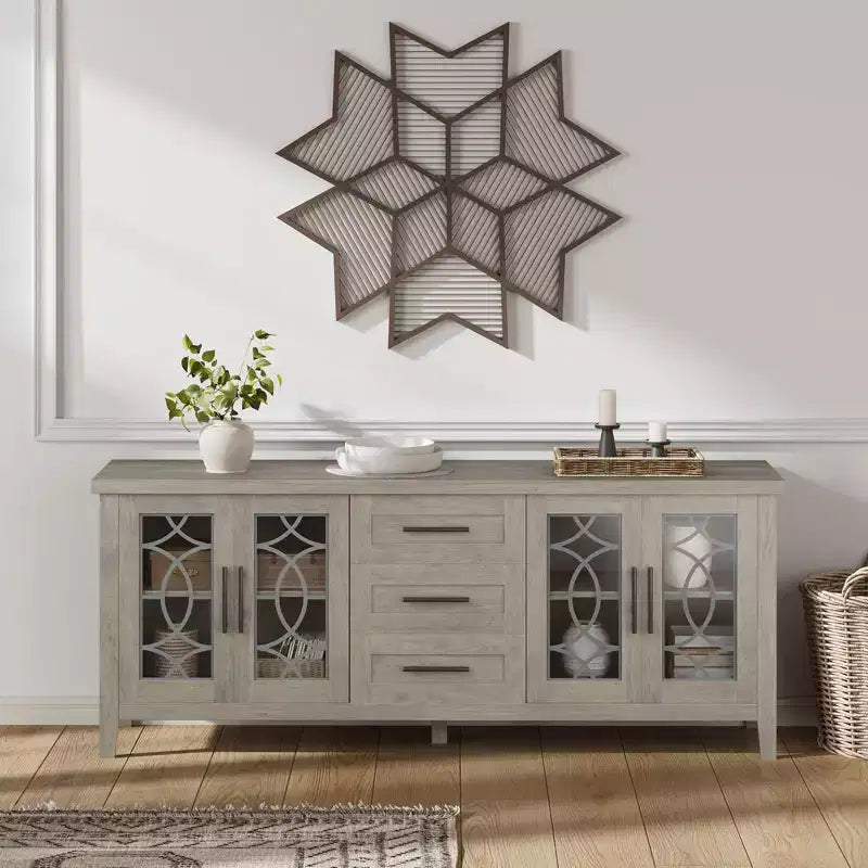 GustoWave Farmhouse TV Stand for 70 Inch,with Glass Door,2 Storage Door and 3 Drawer, Console Table with Shelves for Bedroom Living Room