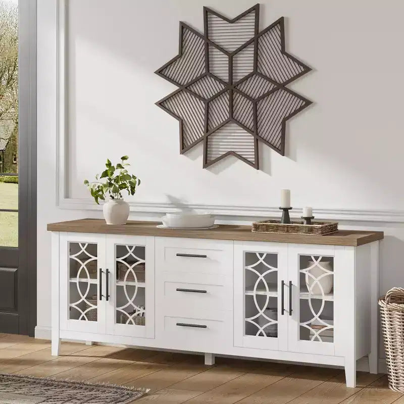 Meuble TV de ferme GustoWave pour téléviseur de 70 pouces, avec porte vitrée, 2 portes de rangement et 3 tiroirs, table console avec étagères pour chambre à coucher et salon