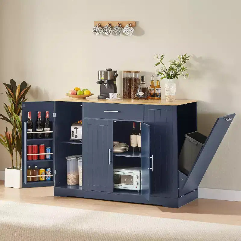 Îlot de cuisine moderne Okak avec portes, tiroir central et rangement pour poubelle, buffet de rangement pour cuisine, salle à manger