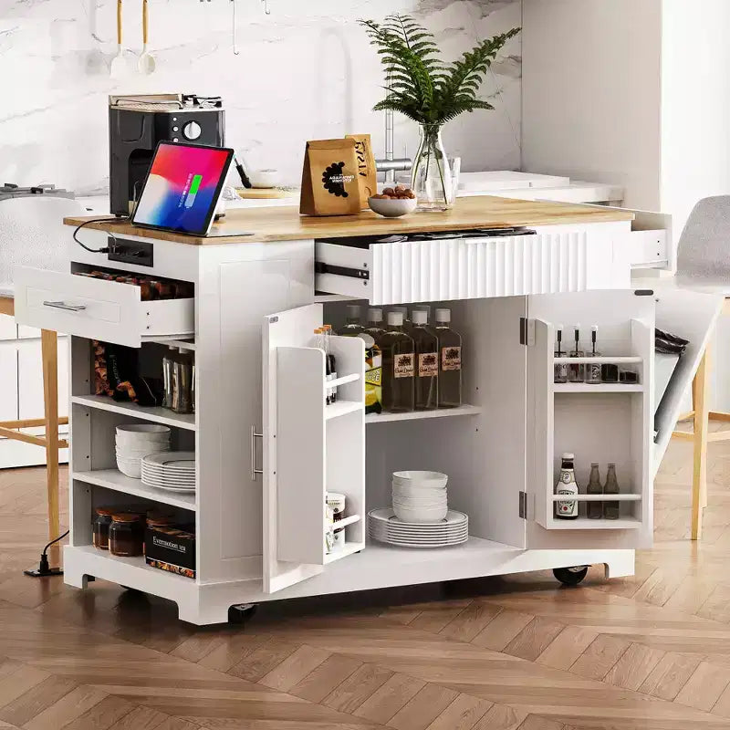 Okak Îlot de cuisine moderne avec prise de courant et poubelle basculante, chariot de cuisine roulant avec roues et étagères, meuble de rangement, table de salle à manger