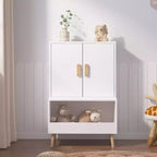 Meuble de rangement pour jouets Whisen Kids avec portes et étagère ouverte, organisateur moderne avec pieds en bois naturel - Blanc