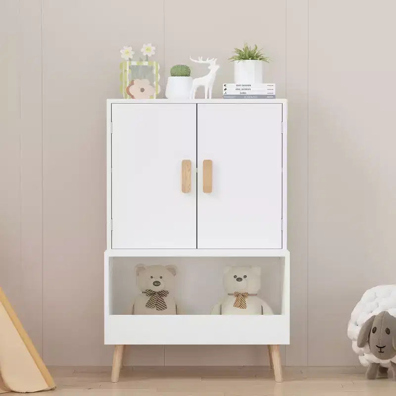 Meuble de rangement pour jouets Whisen Kids avec portes et étagère ouverte, organisateur moderne avec pieds en bois naturel - Blanc