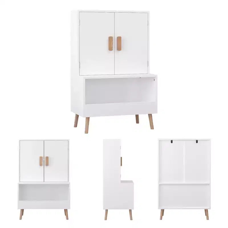 Meuble de rangement pour jouets Whisen Kids avec portes et étagère ouverte, organisateur moderne avec pieds en bois naturel - Blanc
