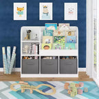 JVNOXK- Bibliothèque et étagère pour enfants, bibliothèque multifonctionnelle avec 3 tiroirs pliables en tissu, étagère de présentation, étagère de rangement (blanc/gris)