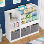 JVNOXK- Bibliothèque et étagère pour enfants, bibliothèque multifonctionnelle avec 3 tiroirs pliables en tissu, étagère de présentation, étagère de rangement (blanc/gris)