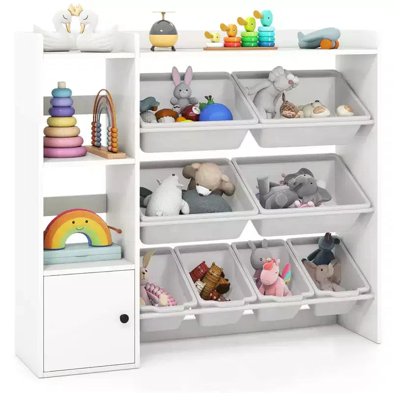 Meuble de rangement et bibliothèque pour enfants Costway, bibliothèque en bois avec 4 petites boîtes et 4 grandes boîtes Gris/Blanc