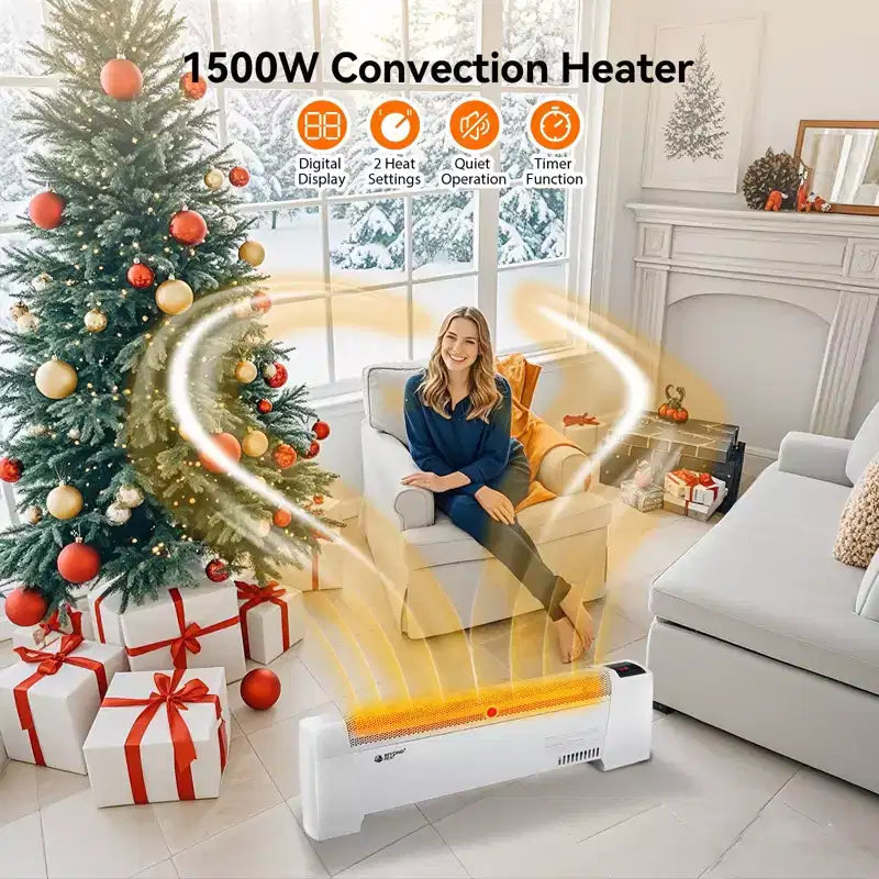Plinthe chauffante électrique BEYOND HEAT, radiateur à convection 1500W avec thermostat réglable et protection contre la surchauffe, fonctionnement silencieux pour usage intérieur
