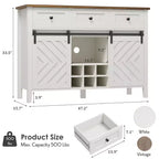 Buffet de ferme 47,2'' avec porte coulissante, Buffet rustique en bois de 33,4'' de hauteur avec 3 tiroirs, étagère réglable et casier à vin amovible