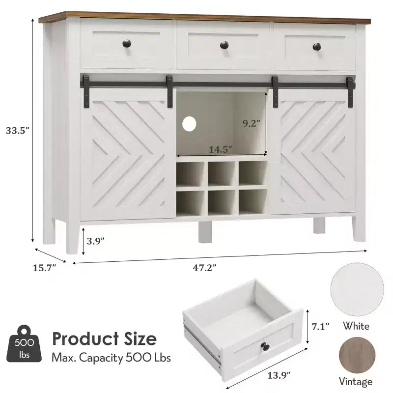 Buffet de ferme 47,2'' avec porte coulissante, Buffet rustique en bois de 33,4'' de hauteur avec 3 tiroirs, étagère réglable et casier à vin amovible