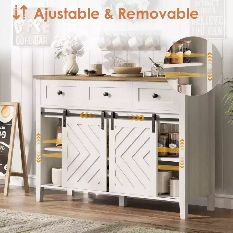 Buffet de ferme 47,2'' avec porte coulissante, Buffet rustique en bois de 33,4'' de hauteur avec 3 tiroirs, étagère réglable et casier à vin amovible