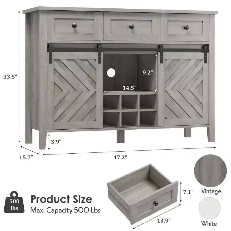 Buffet de ferme 47,2'' avec porte coulissante, Buffet rustique en bois de 33,4'' de hauteur avec 3 tiroirs, étagère réglable et casier à vin amovible