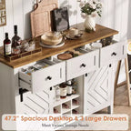 Buffet de ferme 47,2'' avec porte coulissante, Buffet rustique en bois de 33,4'' de hauteur avec 3 tiroirs, étagère réglable et casier à vin amovible