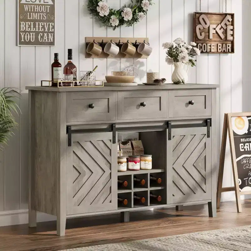 47.2'' Farmhouse Buffet Cabinet with Sliding Barn Door, 33.4'' Tall Wood Rustic Sideboard with 3 Drawer, Adjustable Shelf and Removable Wine Rack