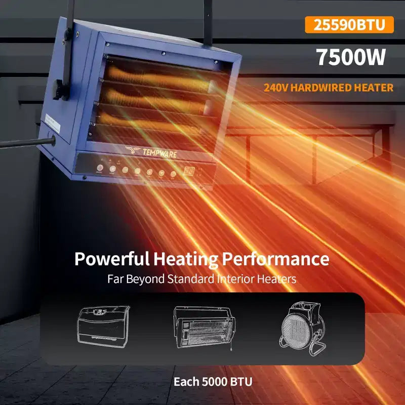 Chauffage de garage électrique TEMPWARE 7500W avec télécommande, chauffage d'atelier 240V WIFI à montage au plafond avec thermostat numérique, idéal pour atelier