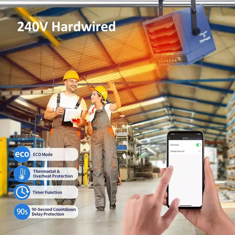 Chauffage de garage électrique TEMPWARE 7500W avec télécommande, chauffage d'atelier 240V WIFI à montage au plafond avec thermostat numérique, idéal pour atelier