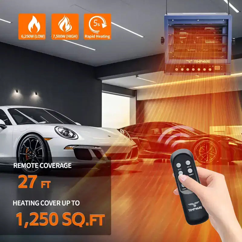 Chauffage de garage électrique TEMPWARE 7500W avec télécommande, chauffage d'atelier 240V WIFI à montage au plafond avec thermostat numérique, idéal pour atelier