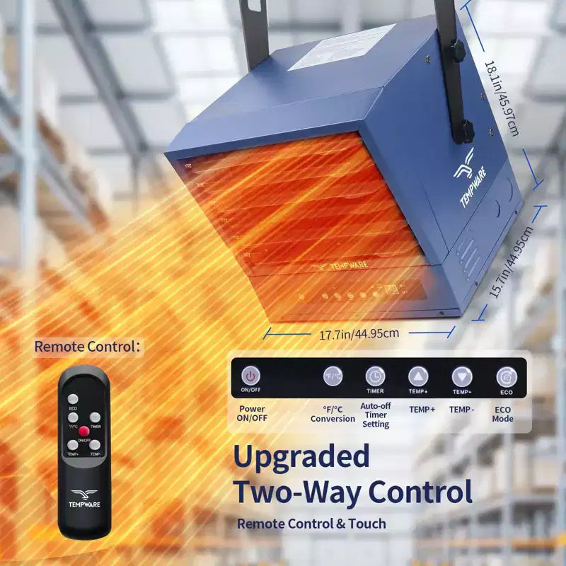 Chauffage de garage électrique TEMPWARE 10000W avec télécommande, chauffage d'atelier à installation au plafond avec ventilateur forcé, 240V, câblage fixe, avec thermostat numérique, idéal pour entrepôt